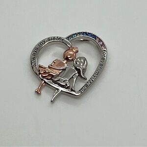 Vtg 925 Sterling Silver & Pink Blue Cz Sister Sisters Heart Necklace Pendant